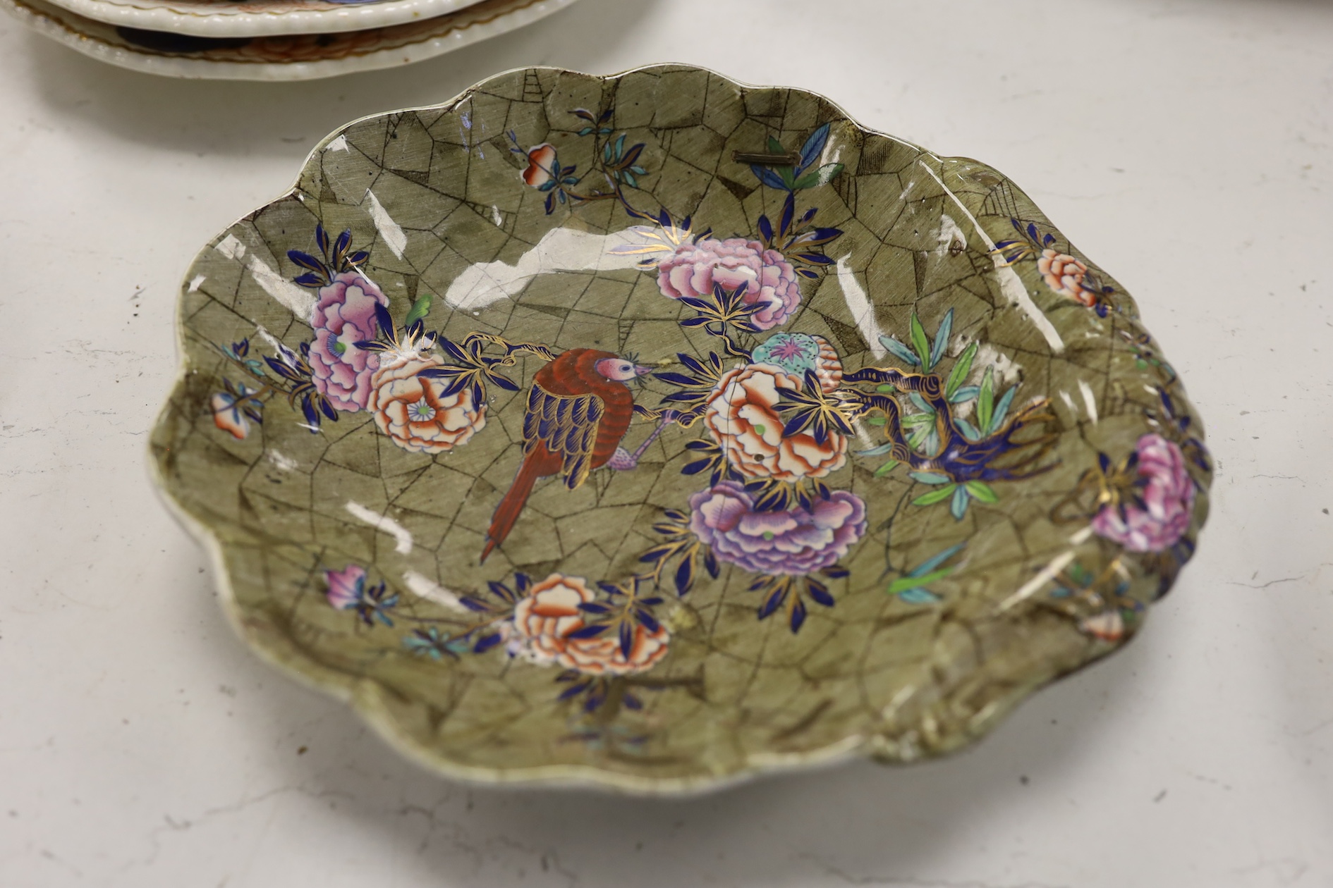 Two pairs of Spode floral and avian decorated dishes and six Derby dishes. Condition - poor